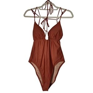 J. Crew Re-Imagined One Piece Swimsuit Size 10 Rust Orange Strappy Bead Halter